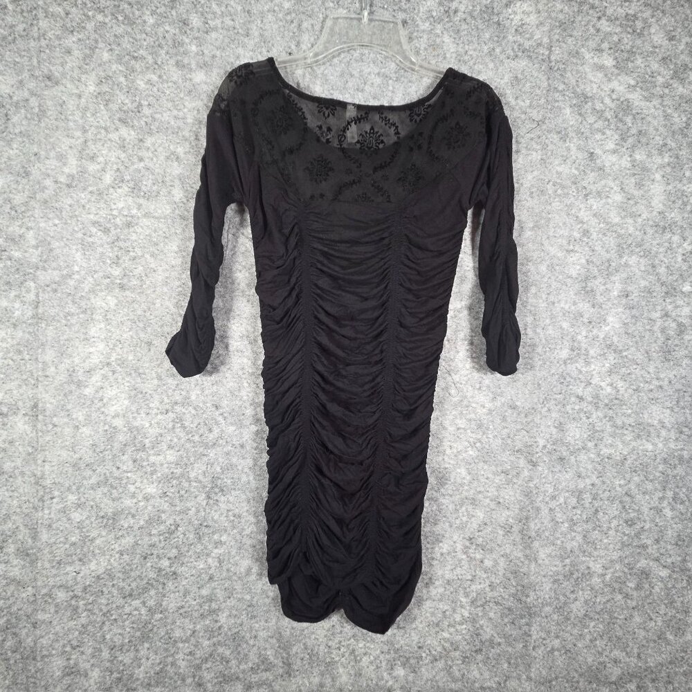 Free People Bodycon Dress Long Sleeve Mini  Rouching Mesh Detail Black Size S - Picture 5 of 8